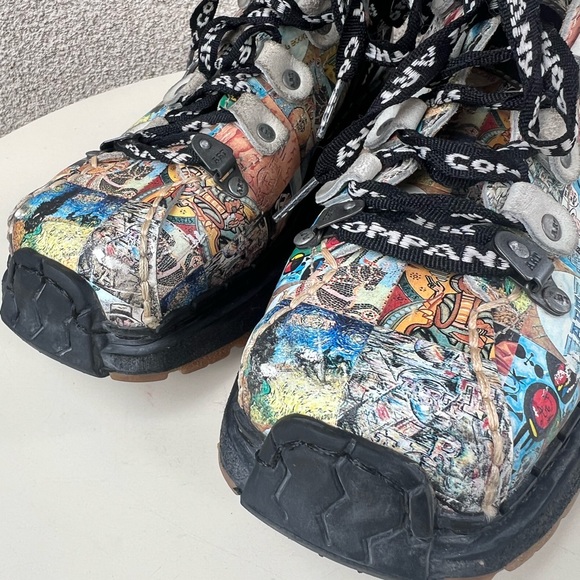 Vintage Y2K chunky Punk combat leather boots graffiti print The Art 38E - Picture 6 of 13